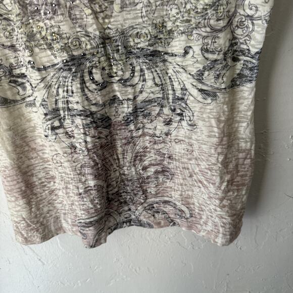 Cato Y2k Tuscan Large White Gray Short‎ Sleeve Rhinestone Scroll Print Top - Picture 3 of 8